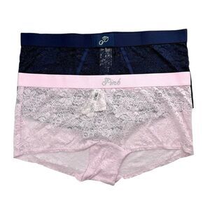 Victoria's Secret PINK Boyshort Panties Lace Womens Large L Wink Logo LOT OF 2